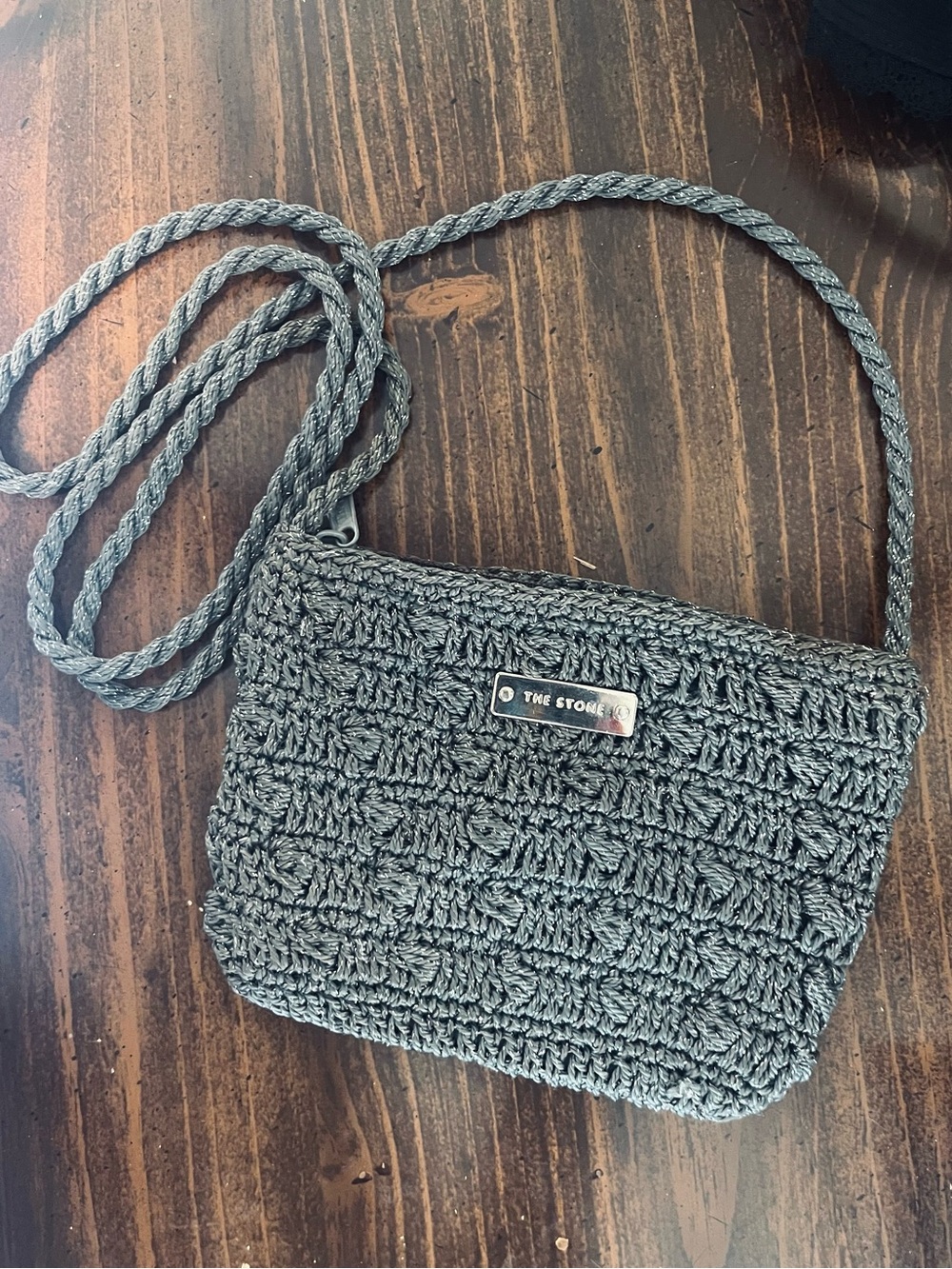 The Stone Crochet Crossbody Clutch Bag - Charcoal Gray Silver Knit